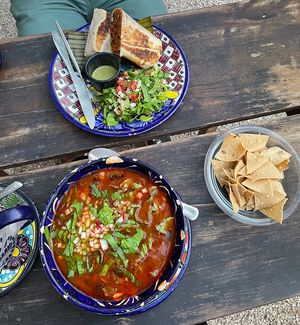 Burrito and mushroom soupp  at Suculenta in Tulum