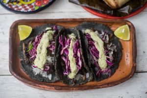 Oyster mushroom charbroiled tacos at Suculenta in Tulum
