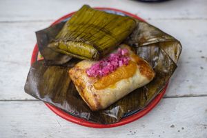Mole tamal with our famous salsas at Suculenta in Tulum