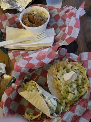 “Chicken” tacos and a side of half rice half refried beans (half eaten, forgot to take a pic)  at Pelon's Baja Grill in Virginia Beach