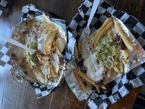 Vegan “carne asada” fries and nachos   at Pelon's Baja Grill in Virginia Beach