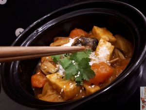 spicy Tofu and mushroom fricassée at Le P'tit Pré Chez Lan in Paris