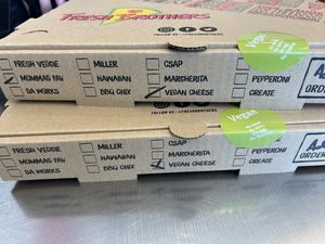Clearly marked vegan on the box   at Fresh Brothers in Encino