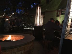 Outdoor patio. November. Fire pit and space heaters.  at Felice Urban Cafe in Cleveland