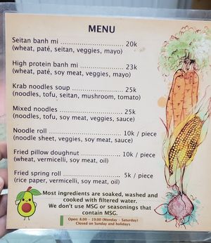 English menu at Bao An Vegan (formerly Vegan Banhmi) in Hanoi