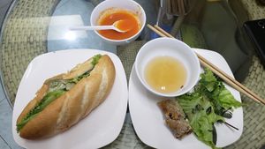 Banh Mi and a fried spring roll at Bao An Vegan (formerly Vegan Banhmi) in Hanoi