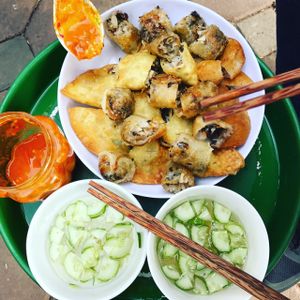 Assorted fried donuts and spring rolls  at Bao An Vegan (formerly Vegan Banhmi) in Hanoi