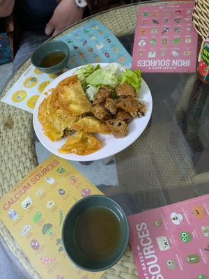Fried spring roll and dumpling pillows at Bao An Vegan (formerly Vegan Banhmi) in Hanoi