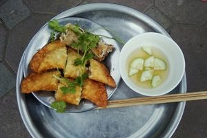 bánh gối, nem chay. nước chấm hơi đậm chút  at Bao An Vegan (formerly Vegan Banhmi) in Hanoi