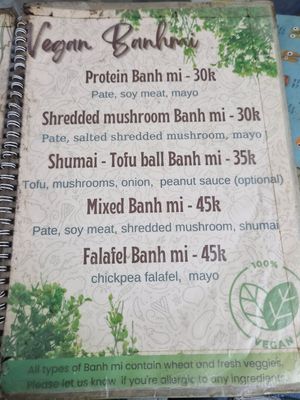 The menu at Bao An Vegan (formerly Vegan Banhmi) in Hanoi