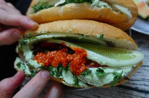 Vegan Banh mi for 15,000 VND - it's incredible! The sauce they are using is out of this world at Bao An Vegan (formerly Vegan Banhmi) in Hanoi