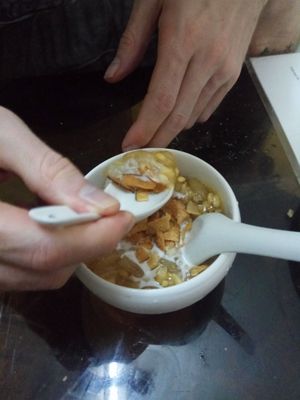 Gooey dessert with pomelo and coconut milk at Bao An Vegan (formerly Vegan Banhmi) in Hanoi