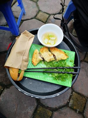 Protein banh mi (there wasn't much on it) & pillow donut (amazing). at Bao An Vegan (formerly Vegan Banhmi) in Hanoi
