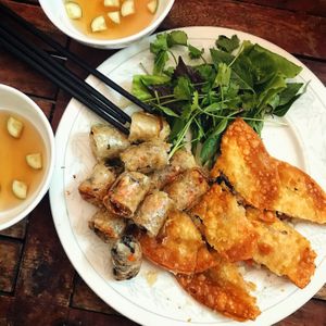 Spring rolls (4 serves) and pillow dumplings (2 serves) at Bao An Vegan (formerly Vegan Banhmi) in Hanoi