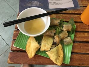 2 rolls + 1 samosa = 20k at Bao An Vegan (formerly Vegan Banhmi) in Hanoi
