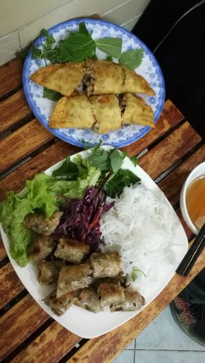 Noodles, spring rolls and fried dumplings (they call it 'pillow donut') at Bao An Vegan (formerly Vegan Banhmi) in Hanoi