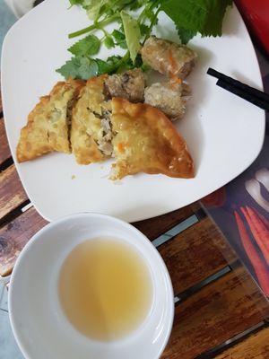 pillow donut and fried springroll at Bao An Vegan (formerly Vegan Banhmi) in Hanoi