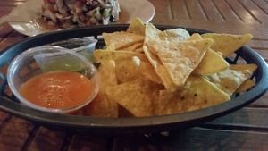 corn chips and salsas at La Naranja Organik in Tijuana