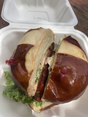 Mushroom beet burger   at Coconut Grove Farmer's Market in Miami
