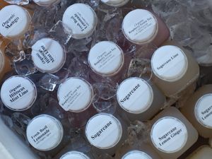 Plastic bottled juices. Quite pricey.. at Coconut Grove Farmer's Market in Miami