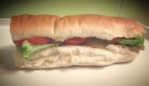 Veg salami in a hot dog bun at Vege Fino Za Sve in Zagreb