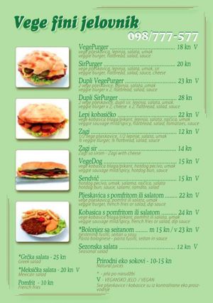 Menu with vegan and vegetarian dishes at Vege Fino Za Sve in Zagreb