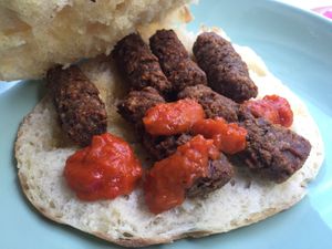 Ćevapi with Ajvar in flat bread. at Vege Fino Za Sve in Zagreb