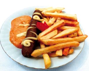 Vegan sausage and fries at Vege Fino Za Sve in Zagreb