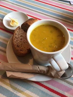 celeriac, carrot and coriander soup and bread with dairy free spread at Word of Mouth in Evesham