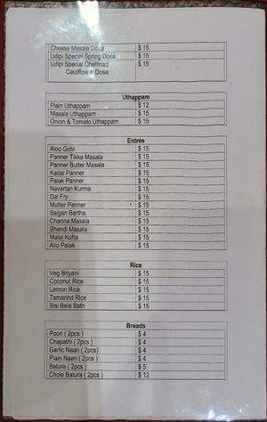 Menu 10/2024 at Udupi Cafe in Tempe