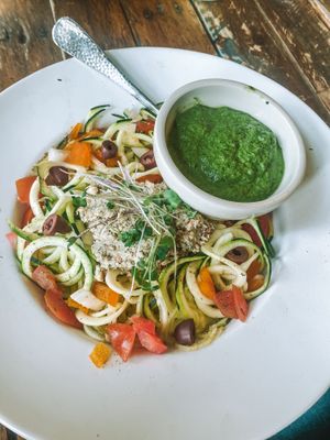 Raw Vegan Pesto Zucchini Pasta with “Tuna”  at Natural Living Food Co-op and Cafe in League City