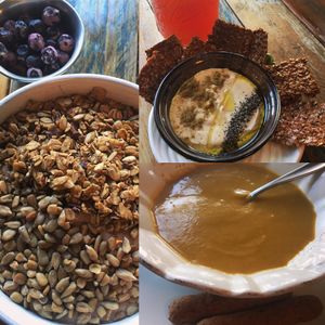 Smoothie bowl, butternut squash soup, hummus with raw crackers and house-made strawberry kombucha  strawberry at Natural Living Food Co-op and Cafe in League City