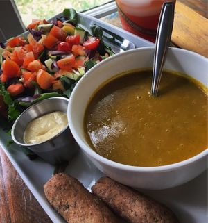 Pumpkin curry soup, rainbow salad and house-made strawberry kombucha  at Natural Living Food Co-op and Cafe in League City