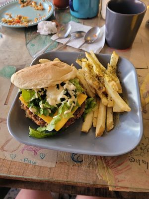 Soy burger + fries at La Ruta Vegana in Mazatlan