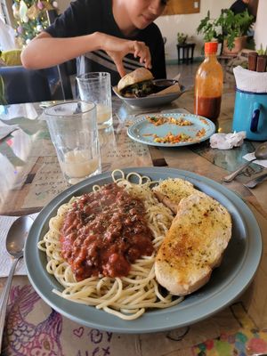 Soy bolognese + garlic bread at La Ruta Vegana in Mazatlan