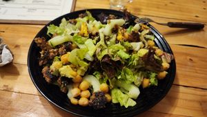 house salad with cheeseburger hamburger patty. yummy at La Ruta Vegana in Mazatlan