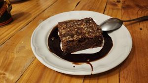brownie. warm and tasty and would be so much yummier with ice cream at La Ruta Vegana in Mazatlan