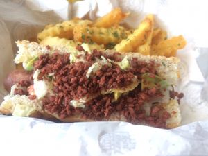 vegan hot dog  at La Ruta Vegana in Mazatlan