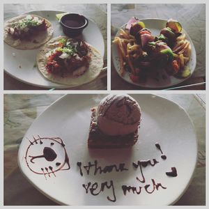 tacos, seitan scewers and brownie with chocolate icecream at La Ruta Vegana in Mazatlan