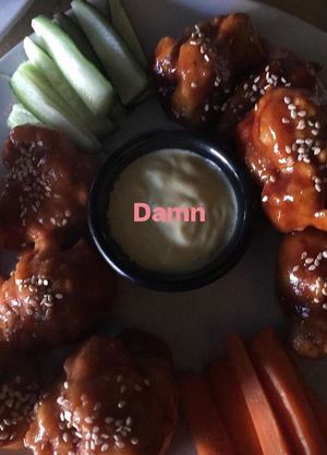 Damn fine cauliflower wings, buffalo and bbq sauce at La Ruta Vegana in Mazatlan