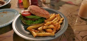 Soy burger with fries (parmesan-esque) at La Ruta Vegana in Mazatlan