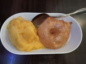Deep fried pineapple with mango sorbet   at Ho's Kina in Stockholm