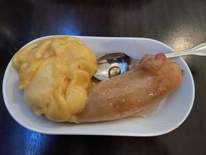 Deep fried banana with mango sorbet   at Ho's Kina in Stockholm