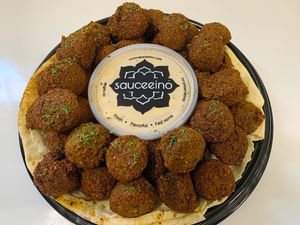 Falafel tray at Sauceeino in Boardman