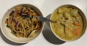 Udon noodles and yellow curry with brown rice. at Oki Momo in San Luis Obispo