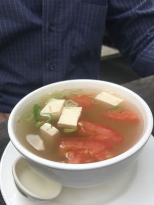 Tomato Soup with chinese pickled vegetables (M21) at Sampan in Frankfurt