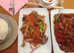 main dish: fried crispy tofu leaves with carrots, shitake and fresh ginger + braised pumpkin with black bean sauce at Sampan in Frankfurt