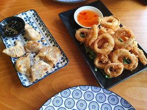 Vegan giaozi & Fried "calamari" at Sampan in Frankfurt