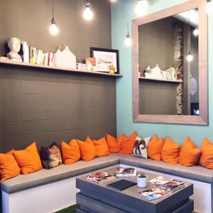the reading nook at Nourish Juice & Smoothie Bar in Houston