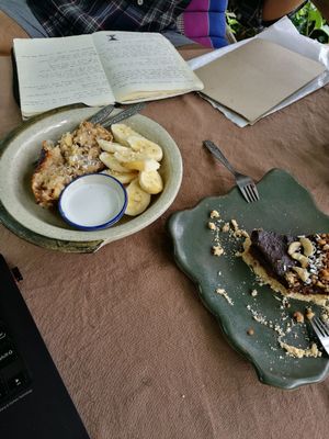 Banana bread and half eaten avocado chocolate tart at FatCat in Pai